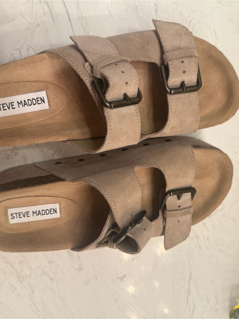 Steve Madden Taupe Suede Double-Buckle Slide Sandals